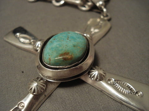 Important Navajo Benny Begaye Natural Green Turquoise Silver Cross Necklace