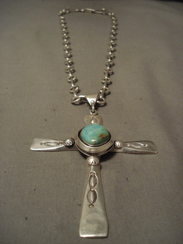 Important Navajo Benny Begaye Natural Green Turquoise Silver Cross Necklace