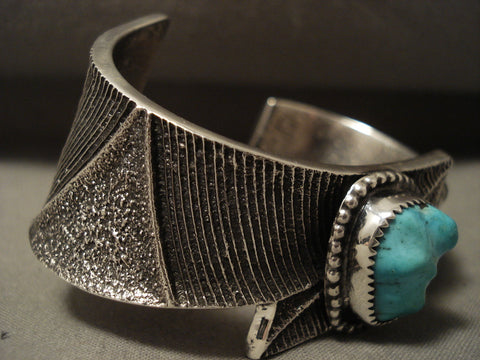 Lightning Bolt Advanced Silver Work Navajo Turquoise Bracelet