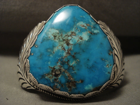 Big Kahuna Vintage Navajo Blue Spider Turquoise Silver Leaf Bracelet Old