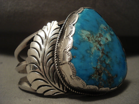 Big Kahuna Vintage Navajo Blue Spider Turquoise Silver Leaf Bracelet Old