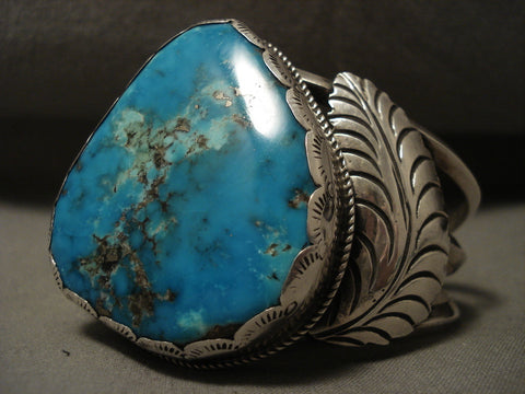 Big Kahuna Vintage Navajo Blue Spider Turquoise Silver Leaf Bracelet Old