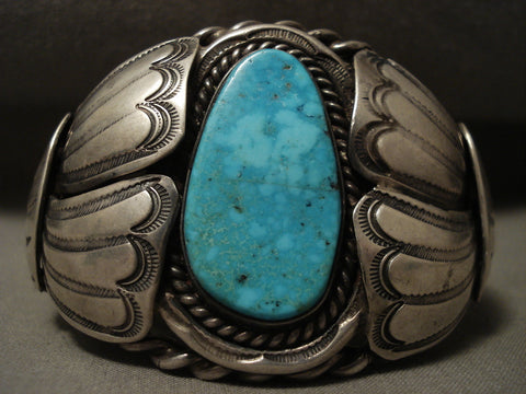 Huge Vintage Navajo Blue Carico Lake Turquoise 'Heavy Coil' Silver Bracelet Old