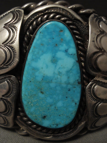 Huge Vintage Navajo Blue Carico Lake Turquoise 'Heavy Coil' Silver Bracelet Old