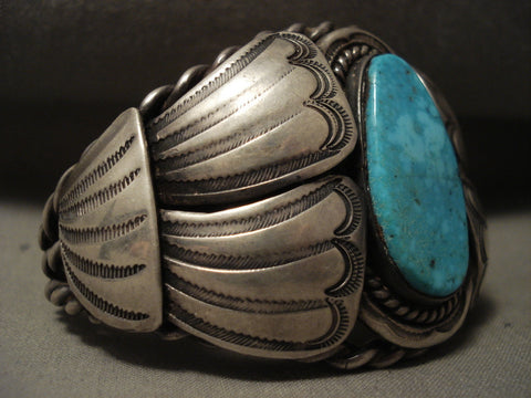 Huge Vintage Navajo Blue Carico Lake Turquoise 'Heavy Coil' Silver Bracelet Old