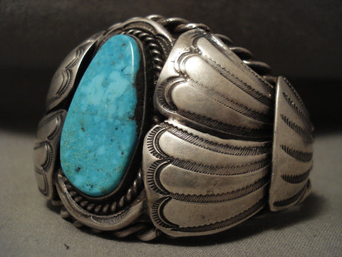 Huge Vintage Navajo Blue Carico Lake Turquoise 'Heavy Coil' Silver Bracelet Old