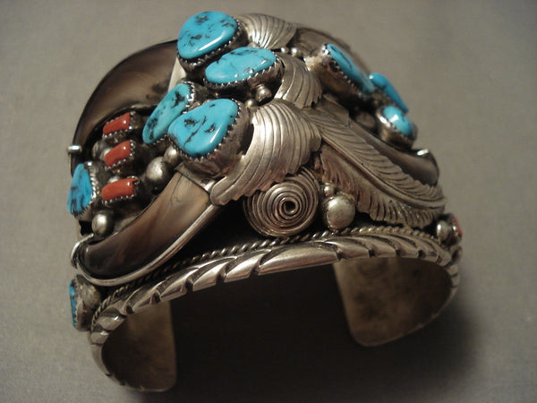 Gargantuan Vintage Navajo 'Silverworks Galore' Turquoise Coral Bracelet