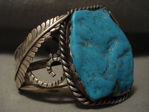 Museum Bould Of Turquoise Vintage Navajo Silver Leaves Bracelet