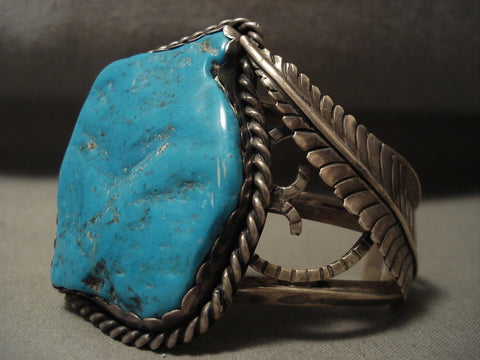 Museum Bould Of Turquoise Vintage Navajo Silver Leaves Bracelet