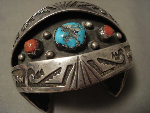 Advanced Geomtrix Vintage Navajo Persin Turquoise Coral Silver Bracelet