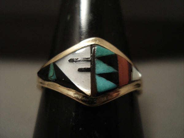 Museum 14k Gold Vintage Zuni Turquoise Coral Ring Old