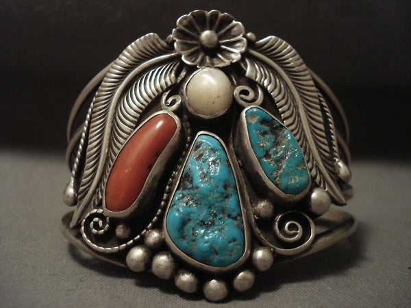 Floral Love Vintage Navajo Turquoise Coral Silver Bracelet