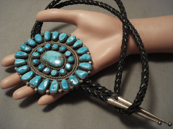 The Biggest And Best Vintage Navajo Persian Turquoise Silver Bolo Tie