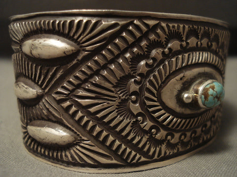 Intense And Quality Silver Work Navajo #8 Turquoise Silver Bracelet