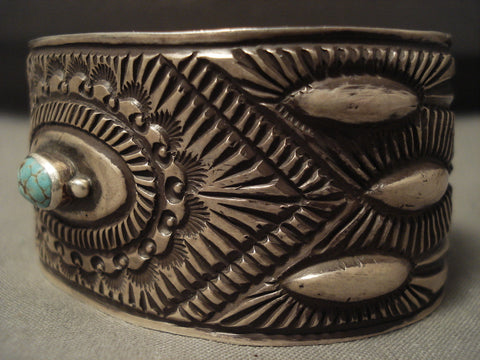 Intense And Quality Silver Work Navajo #8 Turquoise Silver Bracelet