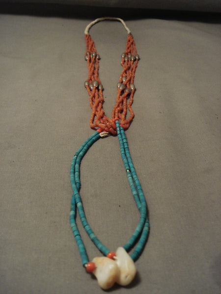 Museum Early 1900's Vintage Santo Domingo Turquoise Coral Silver Tube Necklace