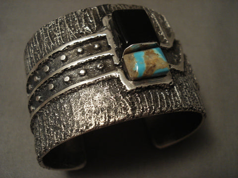 Museum Navajo #8 Turquoise Geometric Wave 123 Grams Silver Bracelet