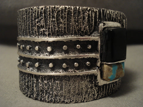 Museum Navajo #8 Turquoise Geometric Wave 123 Grams Silver Bracelet