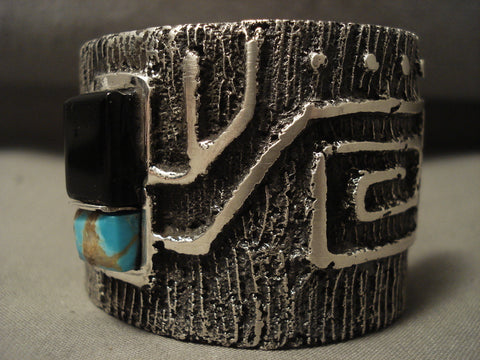 Museum Navajo #8 Turquoise Geometric Wave 123 Grams Silver Bracelet