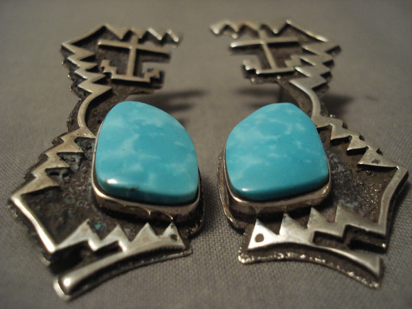 Huge Important Navajo Silver Cross Carico Lake Turquoise Silver Earrings