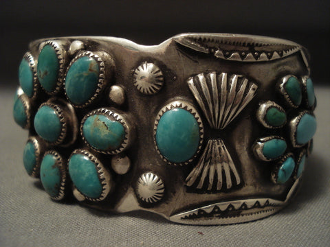 Museum Vintage Navajo 'Green Turquoise Sun' Silver Bracelet Old