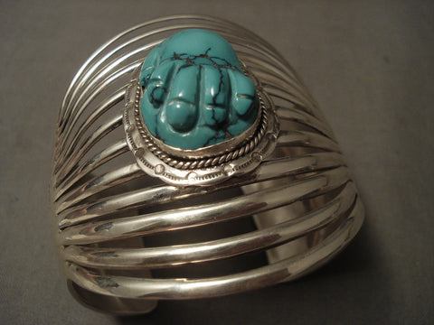 12 Shanks 'Turquoise Hand' Navajo Bulbous Turquoise Silver Bracelet