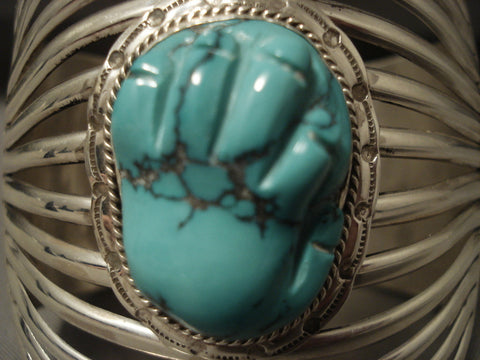 12 Shanks 'Turquoise Hand' Navajo Bulbous Turquoise Silver Bracelet