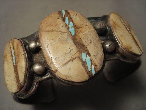 Opulent Vintage Navajo 'Petroglyph' Silver Turquoise Bracelet Earrings Necklace