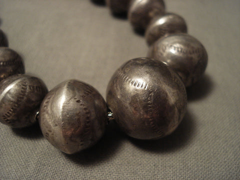 Hand Tooled Vintage Navajo Silver Bead Necklace Old