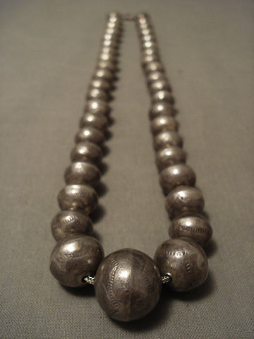 Hand Tooled Vintage Navajo Silver Bead Necklace Old