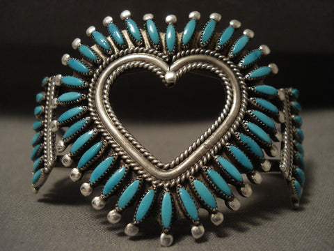 Museum Huge Vintage Zuni 'Heart Of Love' Silver Bracelet Old