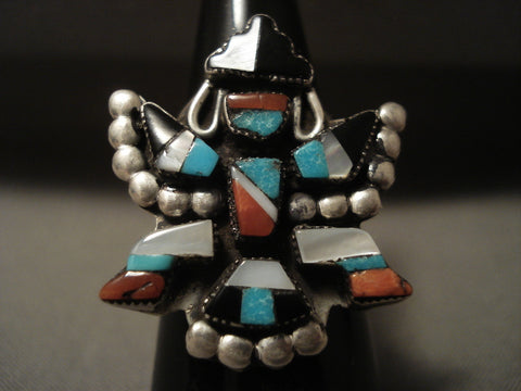 Early And Very Intricate Bird Dancer Vintage Zuni Turquoise Silver Ring