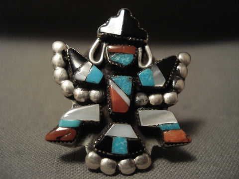 Early And Very Intricate Bird Dancer Vintage Zuni Turquoise Silver Ring