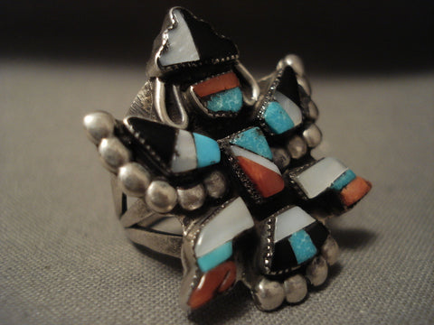 Early And Very Intricate Bird Dancer Vintage Zuni Turquoise Silver Ring