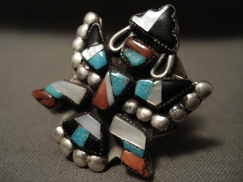 Early And Very Intricate Bird Dancer Vintage Zuni Turquoise Silver Ring