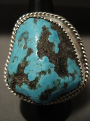 So Big Men's Vintage Navajo Persin Turquoise Boulder Silver Ring Huge