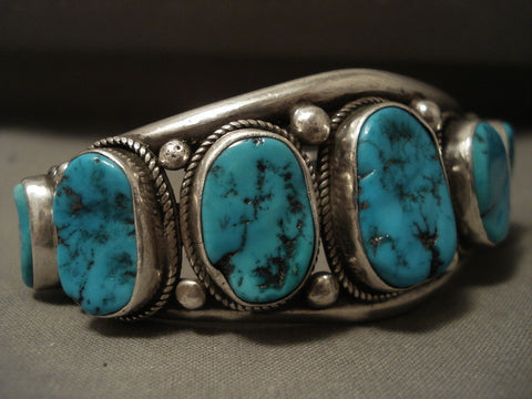 Highly Rare Vintage Navajo Lonn Parker Turquoise Row Silver Bracelet