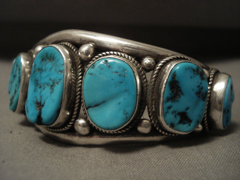 Highly Rare Vintage Navajo Lonn Parker Turquoise Row Silver Bracelet