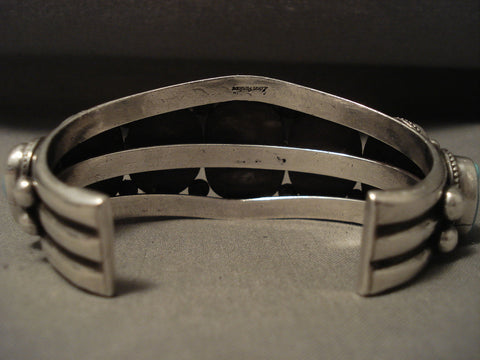 Highly Rare Vintage Navajo Lonn Parker Turquoise Row Silver Bracelet