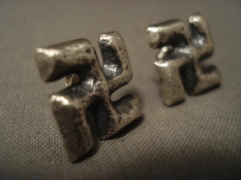 Rare Navajo 'Buddist Peace' Whirling Logs Silver Earrings