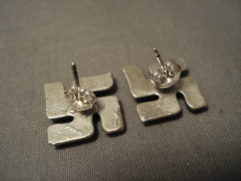 Rare Navajo 'Buddist Peace' Whirling Logs Silver Earrings