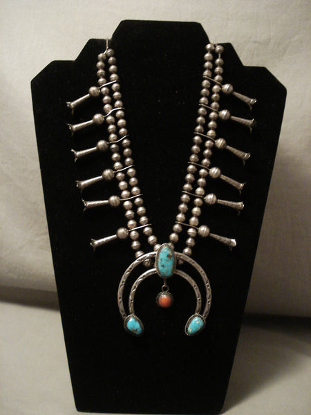 Early Vintage Navajo Hand Tooled Turquoise Coral Silver Squash Blossom Necklace