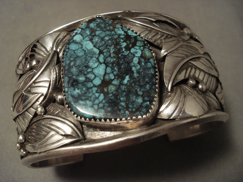 Tight Spider Matrix Vintage Navajo Turquoise Silver Leaves Bracelet