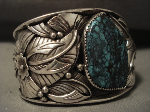 Tight Spider Matrix Vintage Navajo Turquoise Silver Leaves Bracelet