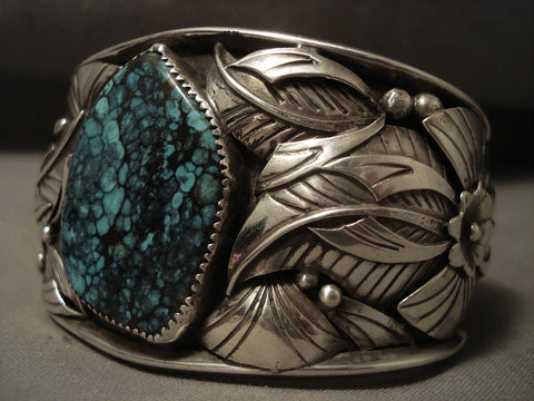 Tight Spider Matrix Vintage Navajo Turquoise Silver Leaves Bracelet