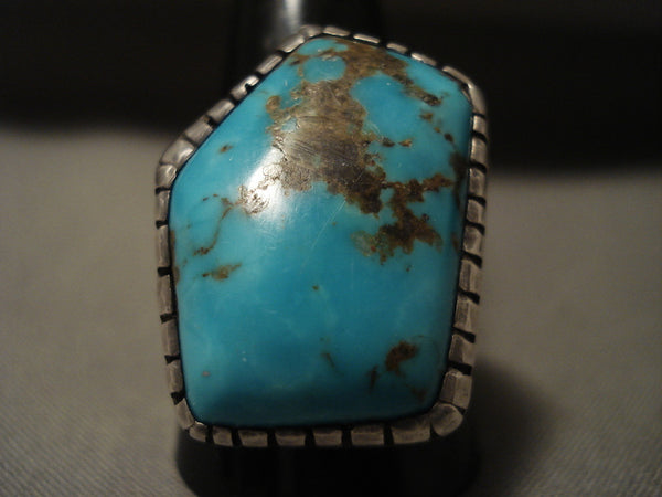 Enormous Men's Vintage Navajo #8 Turquoise Nugget Silver Ring Old