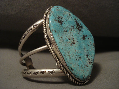 Huge Natural Blue Turquoise Vintage Navajo Silver Willeto Bracelet Old