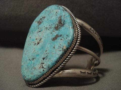 Huge Natural Blue Turquoise Vintage Navajo Silver Willeto Bracelet Old