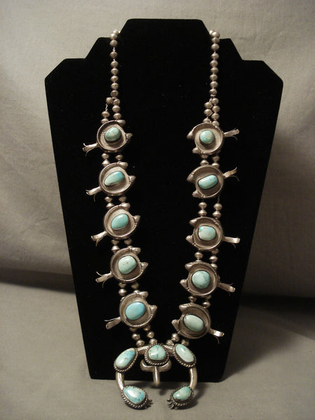 One Of The Best Vintage Navajo Green Turquoise Silver Squash Blossom Necklace