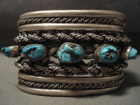 Museum Vintage Navajo 'Silver Hand Woven' Persian Turquoise Silver Bracelet